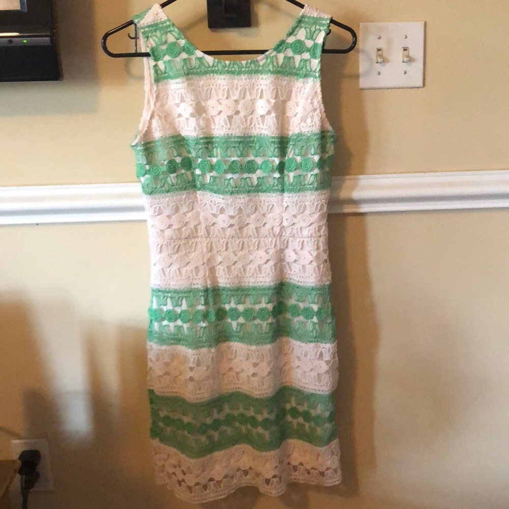 New! White and green striped lace dress